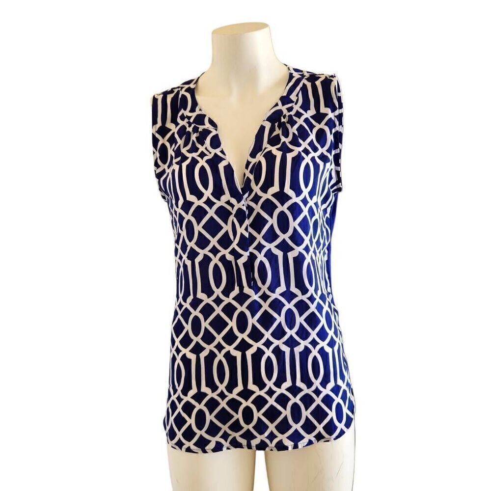 Hanna & Gracie L royal blue white Moroccan sleeveless blouse geometric business